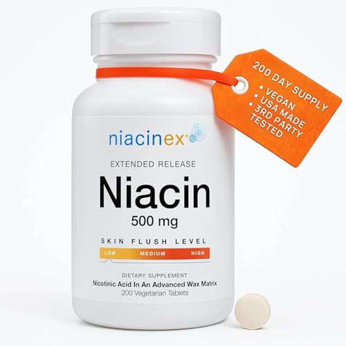 Niacinex Niacin 500mg Extended Time Release, 200 Tablets, Minimal to No-Flush, Vitamin
