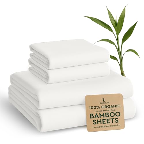 BAMPURE 100% Rayon from Bamboo Sheets Queen Size - 4pc Cooling Sheets Queen | Breathable, Viscose Bamboo Cooling Sheets for Hot Sleepers - up to 16" Deep Pocket -Ultra Soft Hotel Luxury Bed Sheets -White