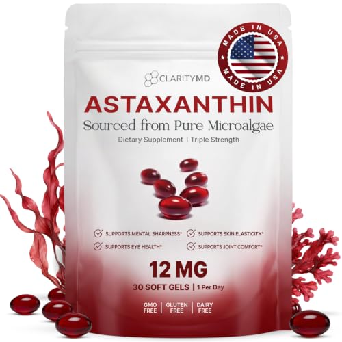 ClarityMD Astaxanthin 12mg Antioxidants Supplement – Natural Microalgae Source – Lipid-Based Softgel for Enhanced Absorption – Cognitive, Vision & Joint Support – 30 Softgels (Pack of 1)