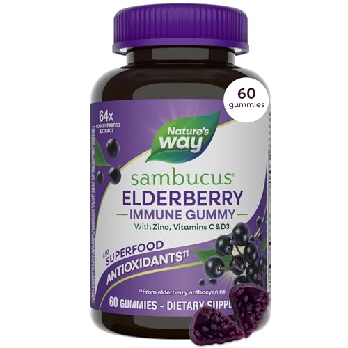 Nature's Way Sambucus Elderberry Gummies for Immune Support* Ages 4+, 60 ct | Immune Gummy with Black Elderberry Extract, Vitamin C, D3, Zinc, and Superfood Antioxidants*, Adults & Kids Ages 4+