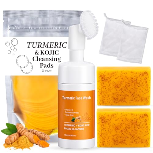 Treeroot 4 Pcs Turmeric Face Wash Set, 2 Pack 70g Turmeric Kojic Acid Soap | Includes Foaming Mousse with Brush, Scrub Pads for Gentle Face & Body Deep Cleansing Care