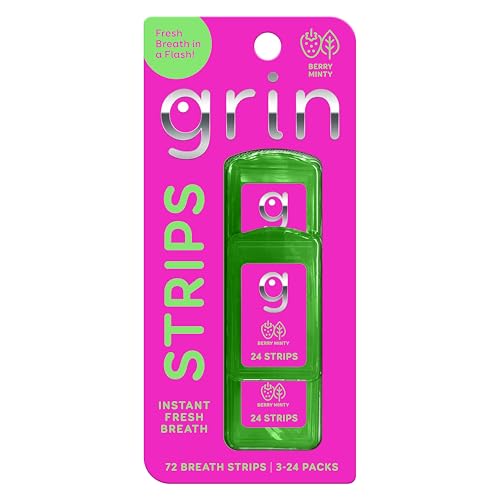 GRIN Berry Minty Breath Strips Instant Breath Freshener Strips, Sugar-Free Dissolving Mint Strips, No Water Needed, Portable Pocket Cases, Berry Mint Flavor, 72 Count (3 x 24)