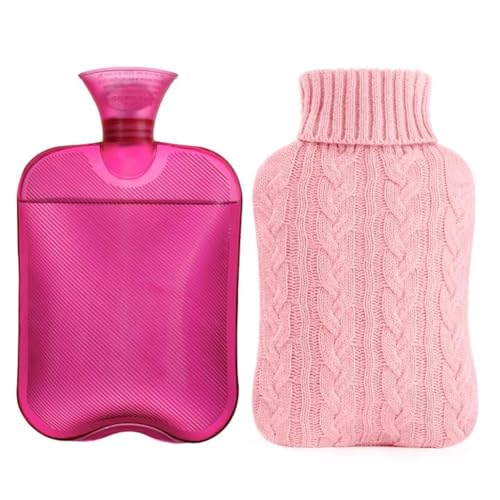 samply 2L Hot Water Bottle with Knitted Cover, Hot Water Bag, Pink