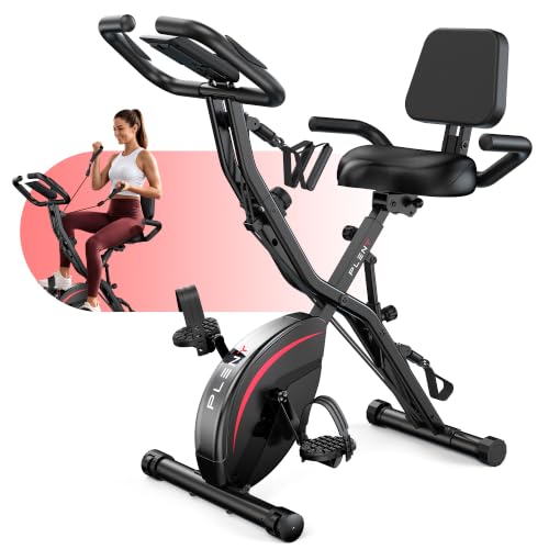 Pleny Folding Exercise Bike, 5 IN 1 Stationary Bikes for Home 6.6 LBS Flywheel, 330LB Weight Capacity Back Support Cushion Indoor Workout Cycling Bike for Home Gym, Black-red