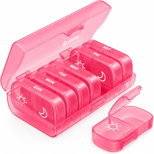 AUVON Weekly Pill Organizer 2 Times a Day, One-Side Large Opening, Easy‑Use | XL AM PM Pill Case, Travel Pill Box 7 Day, Medication Organizer for Medications, Vitamins, Fish Oils, Supplements, Pink