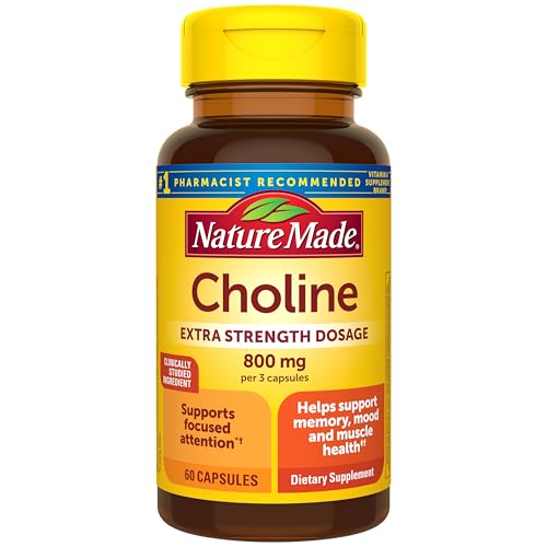 Nature Made Extra Strength Dosage Choline Supplements, 60 Capsules | Choline Supplements 800 Mg per 3 Capsules, Brain Health, Mood, Muscle & Liver Support, Vegetarian, 20 Day Supply