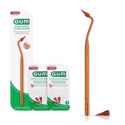 GUM Stimulator Permanent Handle with Rubber Tip, 1 Handle + 2 Refill Packs | Long-Handled Gum Stimulator & Plaque Remover for Teeth and Gum Health