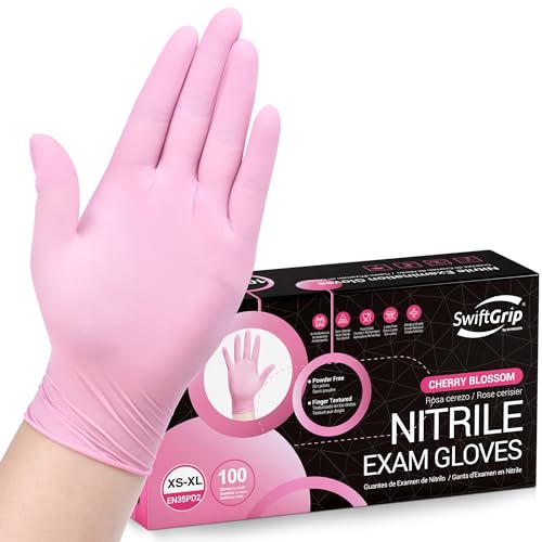 SwiftGrip Pink Nitrile Gloves, 3-mil, Industrial Gloves Disposable Latex Free, for Cleaning & Esthetician, Rubber Powder-Free, 100-ct Box (Large)