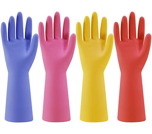 Rubber Kitchen Dishwashing Gloves - 4 Pairs Colorful Reusable Household Cleaning Gloves