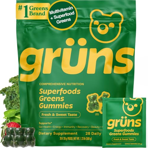 Gruns Adult Greens Gummies & Daily Multivitamin, Prebiotic Fiber, 28 ct | Adaptogens, Superfoods, 20+ Vitamins & Minerals, Digestion, Daily Support