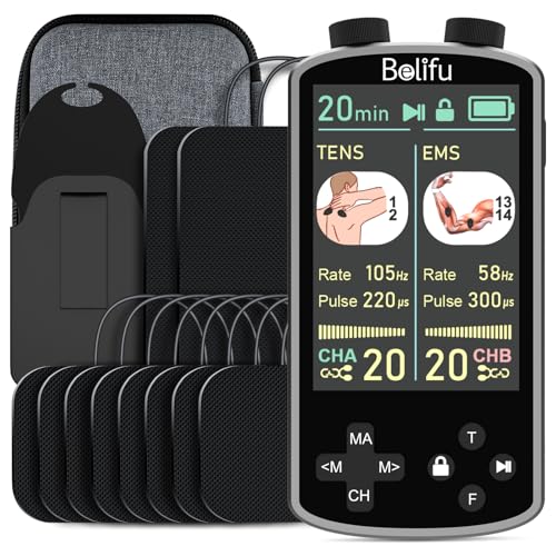 Belifu TENS EMS Unit Muscle Stimulator for Pain Relief Therapy - 4 in 1 TENS EMS Relax Custom Frequency+Pulse - Muscle Massager 36 Modes 20 Intensity, Memory & Favorites Function, 3.8" Color Display