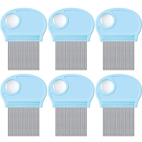 6 Pcs Head Lice Remover Nit, Removal Hair Comb with Magnifier | Fine Metal Teeth Tool, for Dogs Cats Pet, Human Grooming, Removing Dandruff Flakes, Lice Eggs, Sky Blue