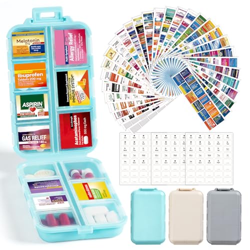3 Pack 14 Grids Travel Pill Organizer Box with 415-Pcs Medicine Name