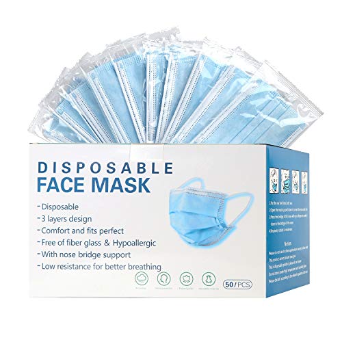 Disposable Face Mask Individually Wrapped 50 Pack 3-layer Filter Face Masks | Soft Stretch Ear Loops, Metal Nose Wire Clip, Breathable Protection, Safety Daily Work Use, Blue Face Mask for Adults