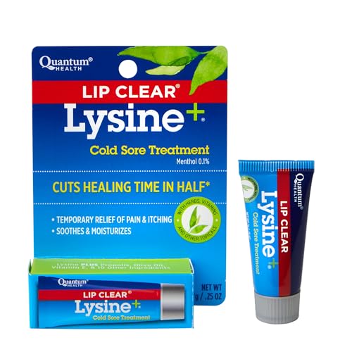 Quantum Health Lip Clear Lysine+ Cold Sore Treatment & Pain Relief, 0.25 oz | L-Lysine Menthol Calendula & Propolis Ointment, Soothe & Moisturize Mouth Sore, Transparent Fever Blister Herbal Healing Balm