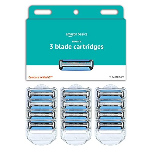 Amazon Basics 3-Blade Razor Refills for Men with Dual Lubrication, 12 Cartridges