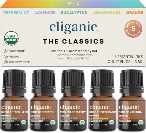 Cliganic Organic Essential Oils Set for Home Diffuser, 100% Pure, Top 5