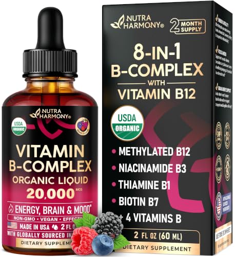 USDA Organic Vitamin B-Complex 20000mcg - B5, B12, B1, B6, B7, B9,