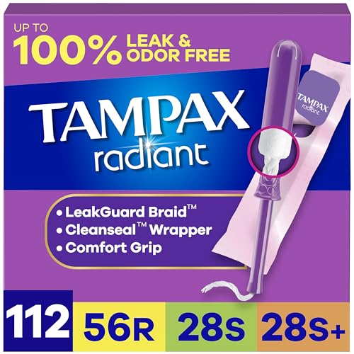 Tampax Radiant Tampons for Women Multipack, with LeakGuard Braid, Regular/Super/Super Plus Absorbency,