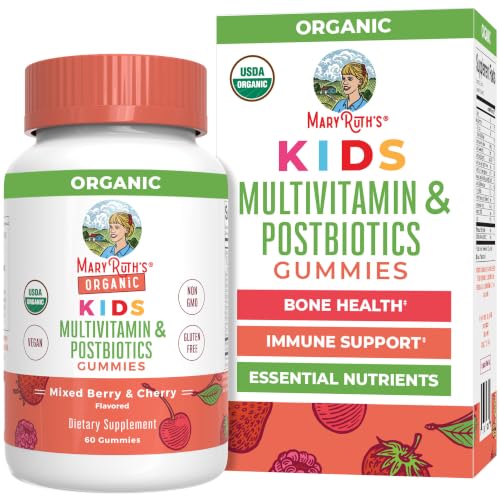 MARYRUTH'S USDA Organic Kids Multivitamin + Postbiotics Gummies, 60 Count | USDA Organic, Lactobacillus Rhamnosus, Vegan, Non-GMO, 60 Count