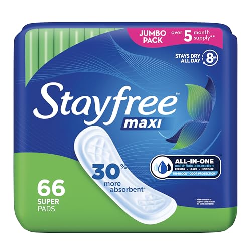 Stayfree Maxi Super Pads Wingless, Period and Leaks, 66 ct