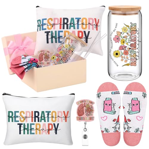 Skylety 5 Pcs Respiratory Therapist Gifts for Women | 16oz Glass Cup Socks Cosmetic Bag Badge Reel, RT Appreciation Gift Box, Respiratory Therapist accessories, Nurse Doctor Gift