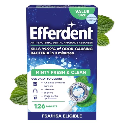 Efferdent Denture Cleaner Tablets, Minty Fresh & Clean, 126 Count | Retainer Cleaner, Use Daily To Clean Dental Appliances, Full Plate Dentures, Aligners & Mouth Guards