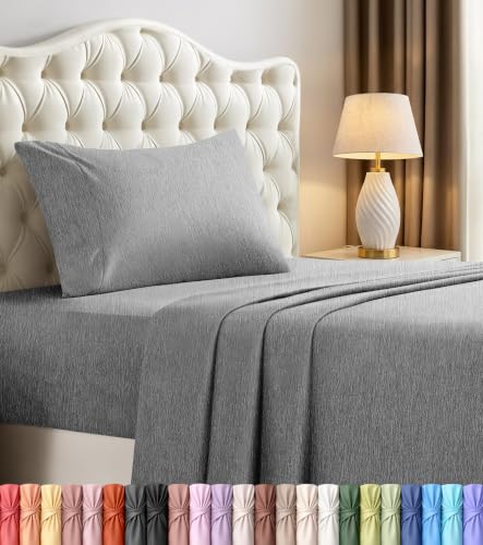 Twin Sheets Set, 3 Pieces 16" Deep Pocket Hotel Luxury Sheets, Heather Grey | Extra Soft Bedsheet Set for Kids, Women & Men, Comfy & Breathable Cooling Sheets, Fitted Sheet, Flat Sheet, 1 Pillowcase