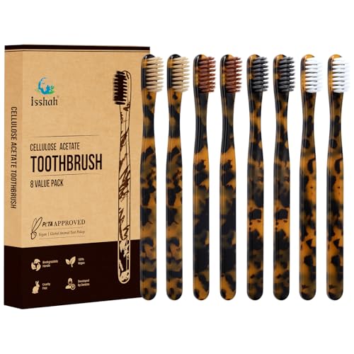 Isshah Plant-Based Cellulose Acetate Toothbrushes - 8 Pack - Tortoise | Eco-friendly cellulose acetate toothbrushes with classic tortoiseshell colorway, soft nylon bristles, 8 count family pack