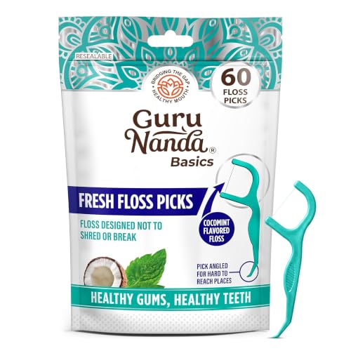 GuruNanda Fresh Dental Floss Picks with Angled Toothpick, Cocomint, 60 ct | No Break or Shred Thread|Non Slip Handle|Built-In Angled Interdental Floss Picks|Dentist Recommended|For Adults & Kids