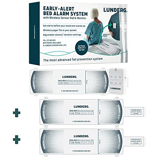 Lunderg Early Alert Bed Alarm System with 3 Wireless Sensor Pads & 1 Pager - Elderly Monitoring Kit with Pre-Alert Smart Technology - Bed Alarms and Fall Prevention for Elderly and Dementia Patients