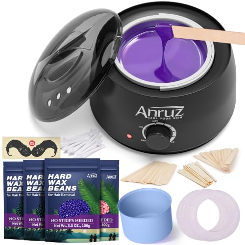 Anruz Waxing Kit for Women Men, Wax Pot Warmer Kit for Hair Removal | 57 Accessories, Silicone Bowl, 14oz Hard Wax, 40 Sticks, at Home Use for Full Body, Bikini, Brow, Face, Sensitive Skin