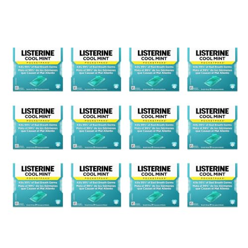 Listerine PocketPaks Breath Strips, Cool Mint, 24 Strip Pack (12 Packs) | Dissolving Oral Care Strips, Instant Fresh Breath, Travel Essentials, Kills 99% of Bad Breath Germs, Breath Freshener
