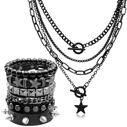 Fscwlmon 5 Pcs Layered Star Grunge Emo Studded Bracelets Goth Necklace Set