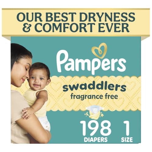Pampers Swaddlers Diapers, Size 1 (8-14 lbs), 198 Count, Fragrance Free, Hypoallergenic,