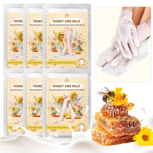 TEAWOO Hydrating Hand and Foot Mask with Honey & Milk, Vitamin E | Moisturizing Socks for Dry, Cracked Heel, Foot Spa, Honey & Milk, Vitamin E