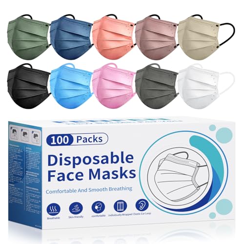 Disposable Face Mask for Adults, 100 Pack, Individually Wrapped, Colors