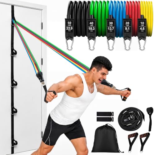 Resistance Bands Set with Handles and Door Anchor for Full Body Workout | 5 Tube Bands with Adjustable Resistance for Home Gym Training, Strength Workouts, Yoga, Pilates and Muscle Building.