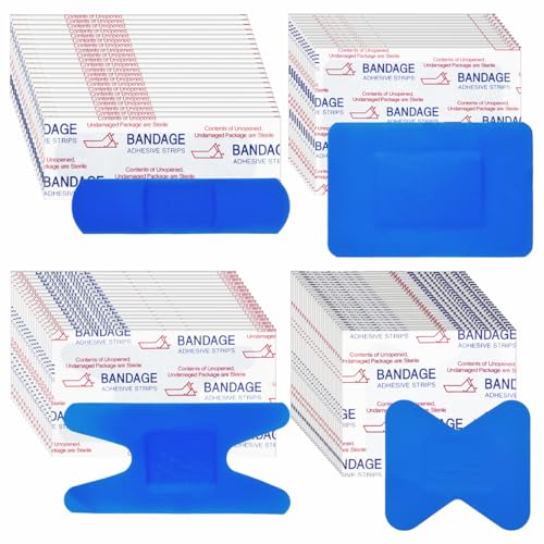 200 PCS Adhesive Blue Bandages, 4 Shapes Small Bandages Waterproof Bandages with