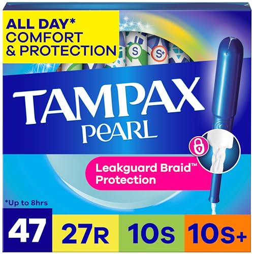 Tampax Pearl Tampons for Women Multipack, with LeakGuard Braid, Regular/Super/Super Plus Absorbency,