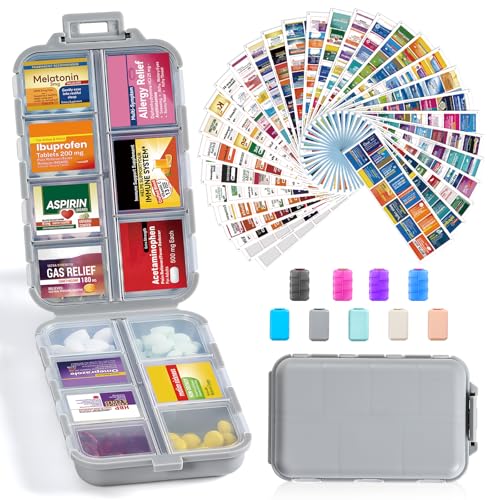 14 Grids Travel Pill Organizer Box with 415-Pcs Medicine Name Labels -