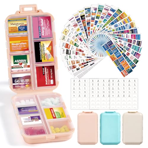 3 Pack 14 Grids Travel Pill Organizer Box with 415-Pcs Medicine Name