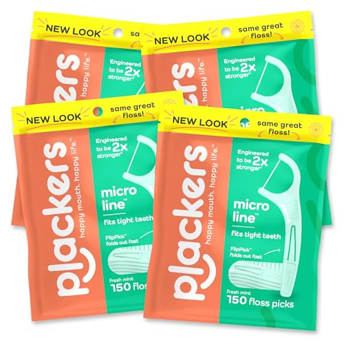 Plackers Micro Line Floss Picks, Fresh Mint, 150 Count, Pack of 4 | Floss fiber made without PTFE, Fits tight teeth, Fold-out toothpick, QuickFix Grip, Resealable bag, 2x Stronger