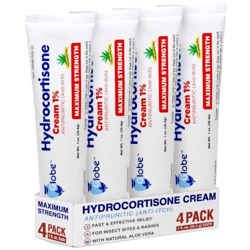 Globe Hydrocortisone Cream 1% with Aloe 1 oz, Maximum Strength, 4 Pack