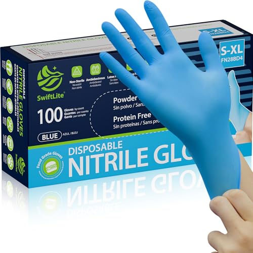 SWIFTLITE Blue Nitrile Gloves Disposable Latex Free, Food Safe | Rubber Gloves Powder Free for Food Prep, Cooking, Kitchen Cleaning (100, Large)