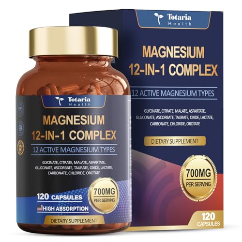 Totaria Magnesium Complex 700mg,12 in 1, 120 Capsules | 12 Forms Incl Glycinate Citrate Malate, High Absorption, Muscle, Heart & Relaxation Support, Vegan