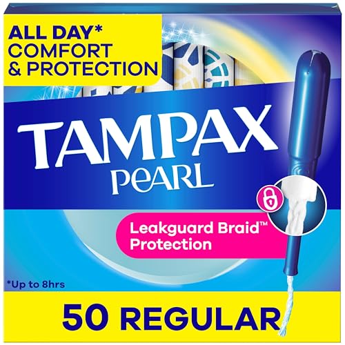 Tampax Pearl Tampons for Women, with LeakGuard Braid, Regular Absorbency, Unscented, 50