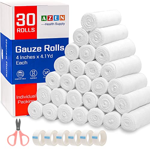 AZEN 30 Pack Gauze Rolls Bandages, 4 in x 4.1 Yards, Premium