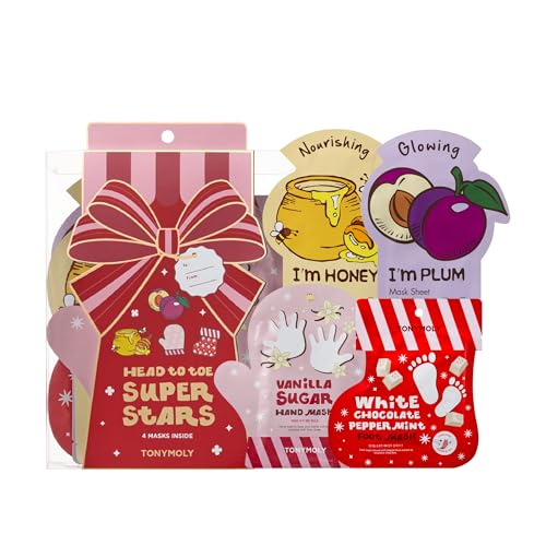 TONYMOLY Head to Toe Mask Set - Face, Hand & Foot Skincare Mask Pack, 4pk | Includes bestselling I'm Honey and I'm Plum sheet masks plus hand and foot masks for a complete self-care regimen
