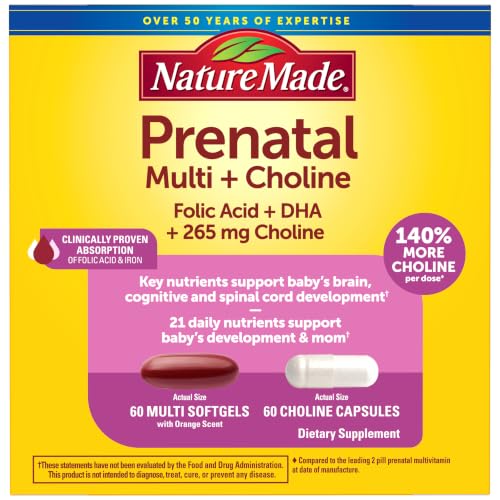 Nature Made Prenatal Vitamin Softgels + Choline Capsules, 60 Count of Each | Prenatal Vitamins for Women, 60 Multi Prenatal Softgels with Folic Acid & DHA + 60 Choline Supplement Capsules, 60 Day Supply